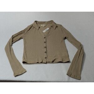 Madewell‎ Variegated Rib Boxy Polo Shirt Crop F Small Tan Beige Long Sleeve Top